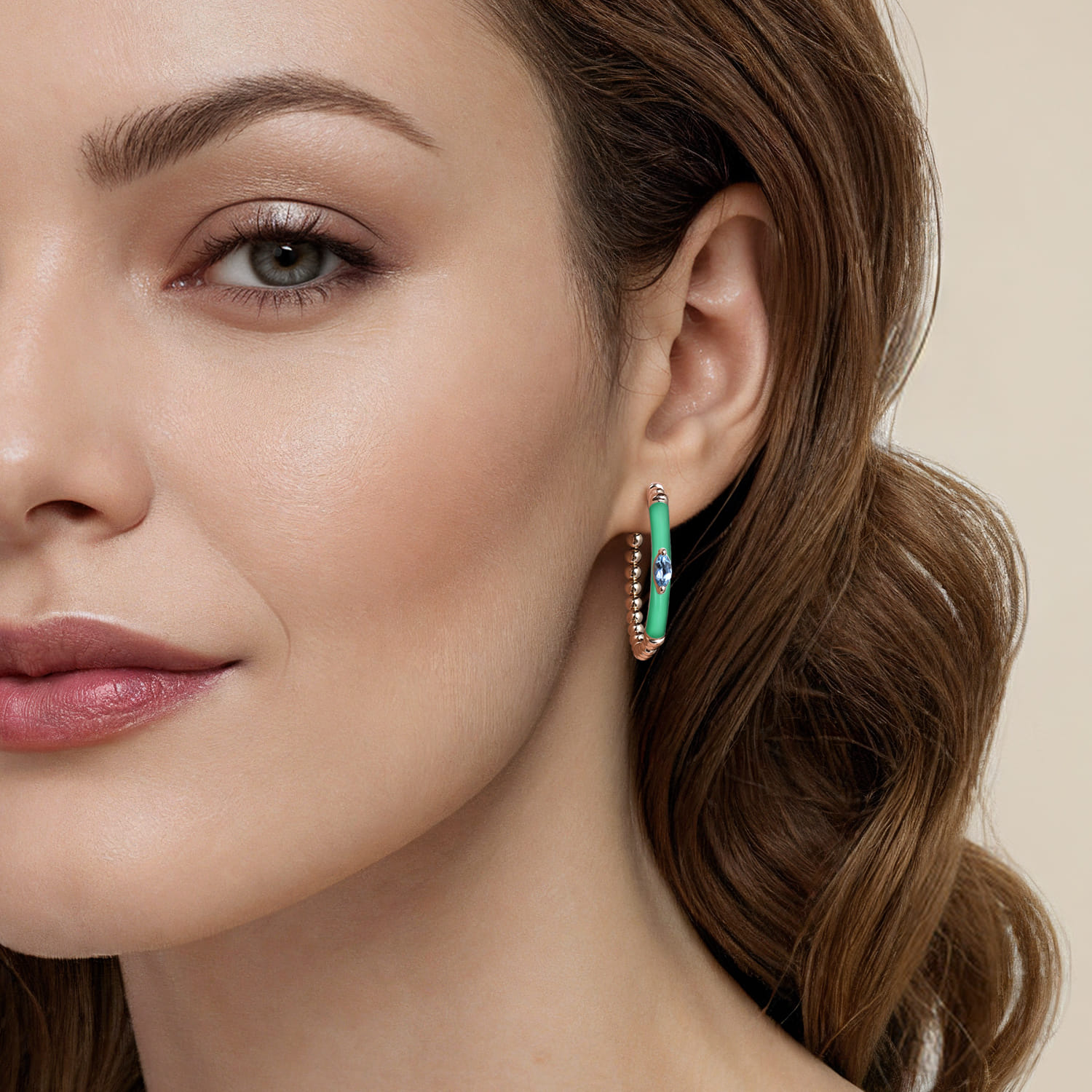 Enamel - 14K Yellow Gold Bujukan Beads and Blue Topaz Classic Hoop Earrings with Mint Green Enamel - Shot 2