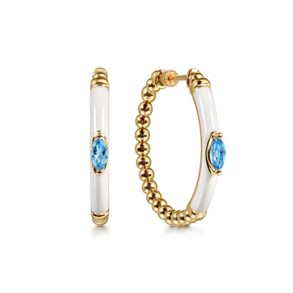 Enamel - 14K Yellow Gold Bujukan Beads and Blue Topaz Classic Hoop Earrings with White Enamel
