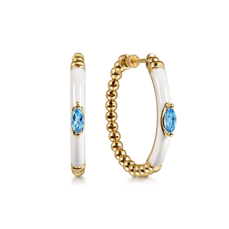 Enamel - 14K Yellow Gold Bujukan Beads and Blue Topaz Classic Hoop Earrings with White Enamel - Shot 1