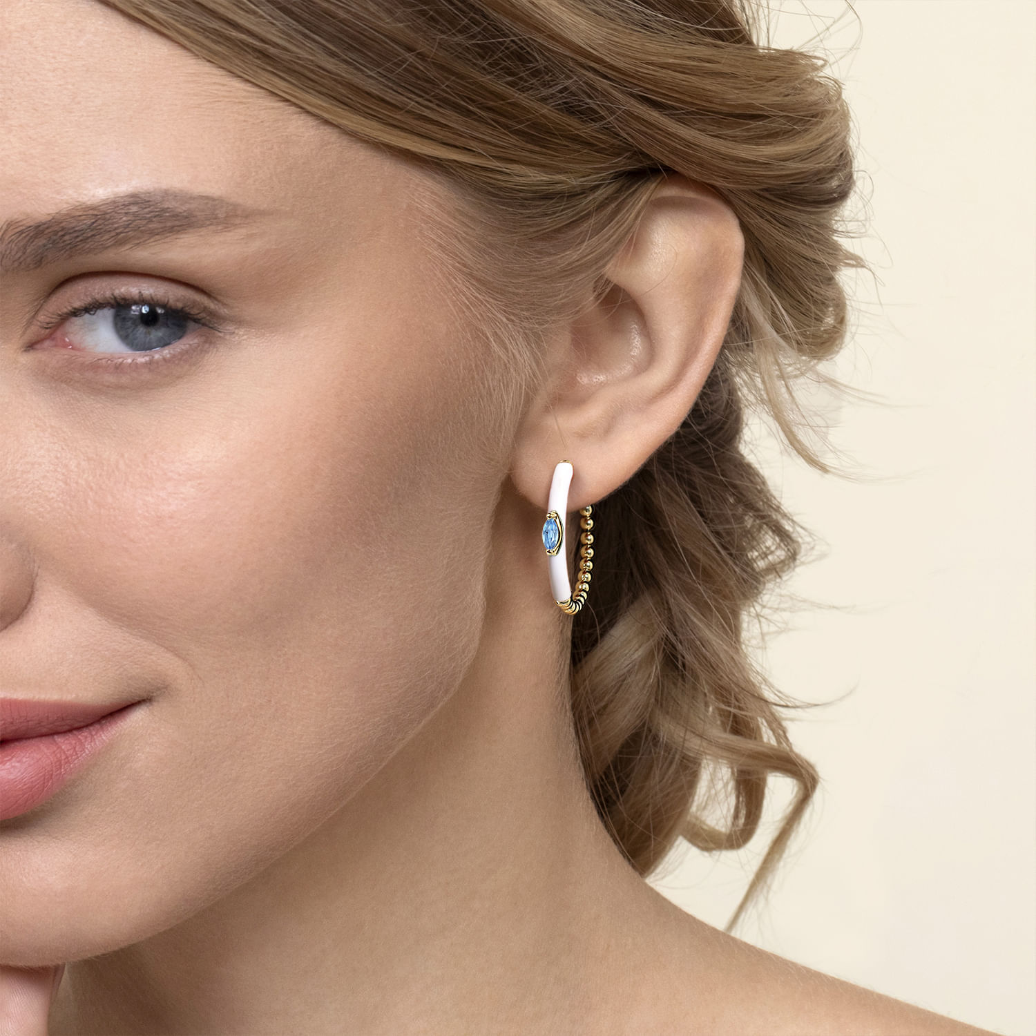 Enamel - 14K Yellow Gold Bujukan Beads and Blue Topaz Classic Hoop Earrings with White Enamel