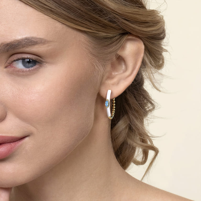 Enamel - 14K Yellow Gold Bujukan Beads and Blue Topaz Classic Hoop Earrings with White Enamel - Shot 2
