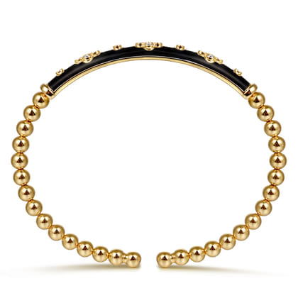 Enamel - 14K Yellow Gold Bujukan Beads and Diamond Split Bangle Bracelet with Black Enamel