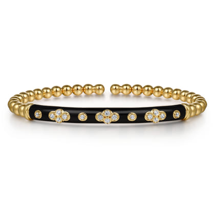 Enamel - 14K Yellow Gold Bujukan Beads and Diamond Split Bangle Bracelet with Black Enamel