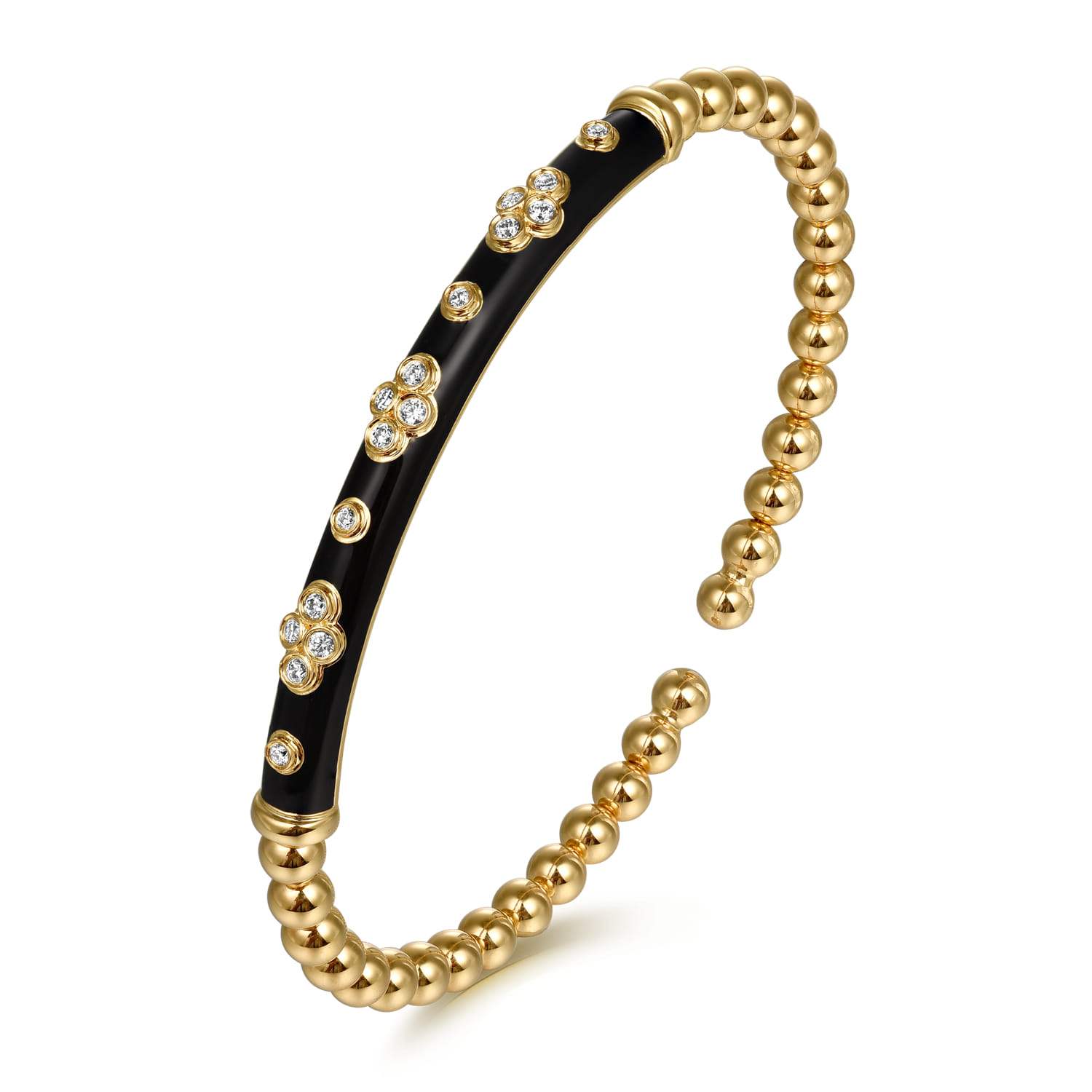 Enamel - 14K Yellow Gold Bujukan Beads and Diamond Split Bangle Bracelet with Black Enamel - 0.22 ct - Shot 2