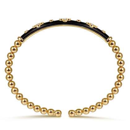 Enamel - 14K Yellow Gold Bujukan Beads and Diamond Split Bangle Bracelet with Black Enamel