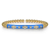 Enamel - 14K Yellow Gold Bujukan Beads and Diamond Split Bangle Bracelet with Blue Enamel