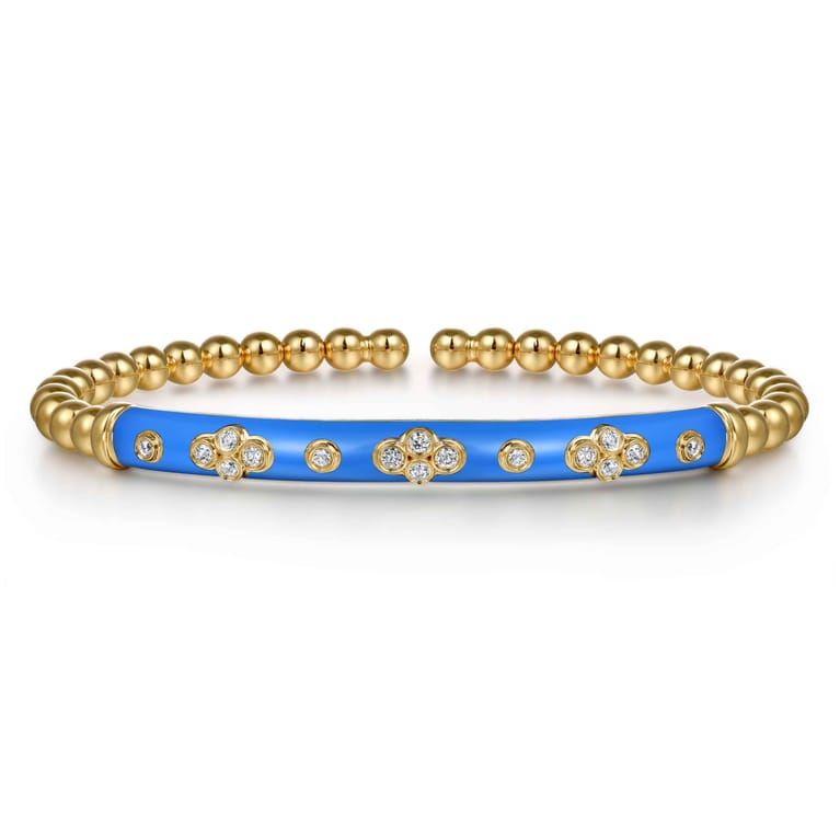 Enamel - 14K Yellow Gold Bujukan Beads and Diamond Split Bangle Bracelet with Blue Enamel - Shot 1