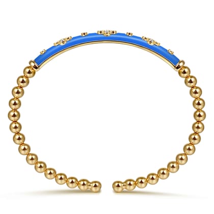Enamel - 14K Yellow Gold Bujukan Beads and Diamond Split Bangle Bracelet with Blue Enamel
