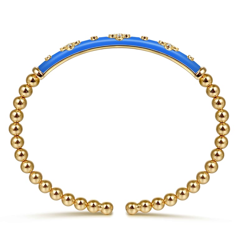 Enamel - 14K Yellow Gold Bujukan Beads and Diamond Split Bangle Bracelet with Blue Enamel - Shot 3