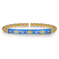 14K Yellow Gold Bujukan Beads and Diamond Split Bangle Bracelet with Blue Enamel