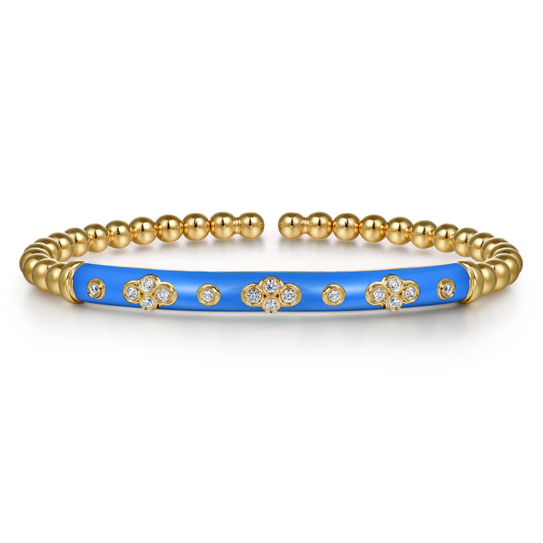 Enamel - 14K Yellow Gold Bujukan Beads and Diamond Split Bangle Bracelet with Blue Enamel - 0.22 ct - Shot 1