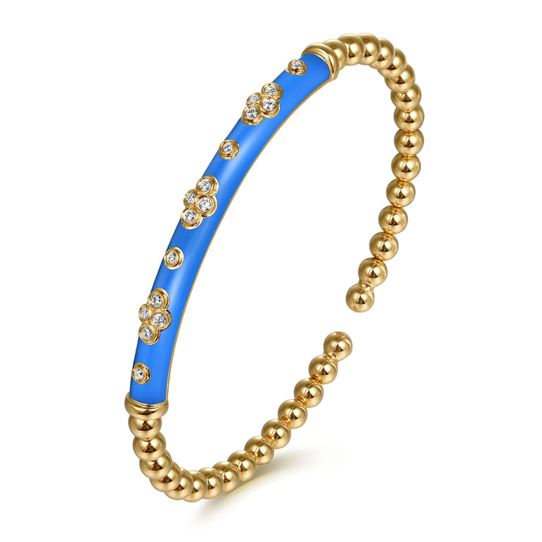 Enamel - 14K Yellow Gold Bujukan Beads and Diamond Split Bangle Bracelet with Blue Enamel - 0.22 ct - Shot 2