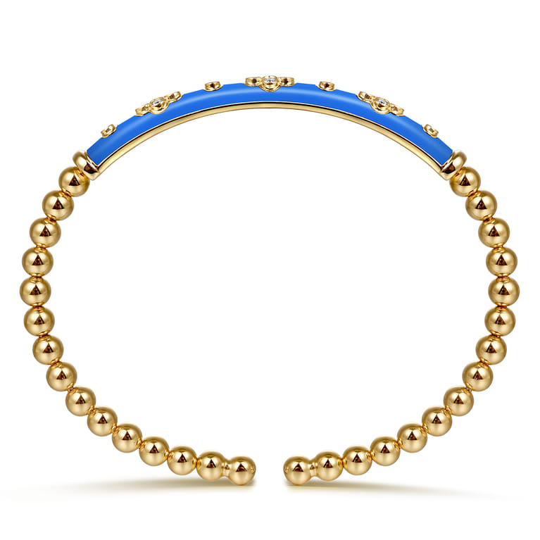 Enamel - 14K Yellow Gold Bujukan Beads and Diamond Split Bangle Bracelet with Blue Enamel - 0.22 ct - Shot 3