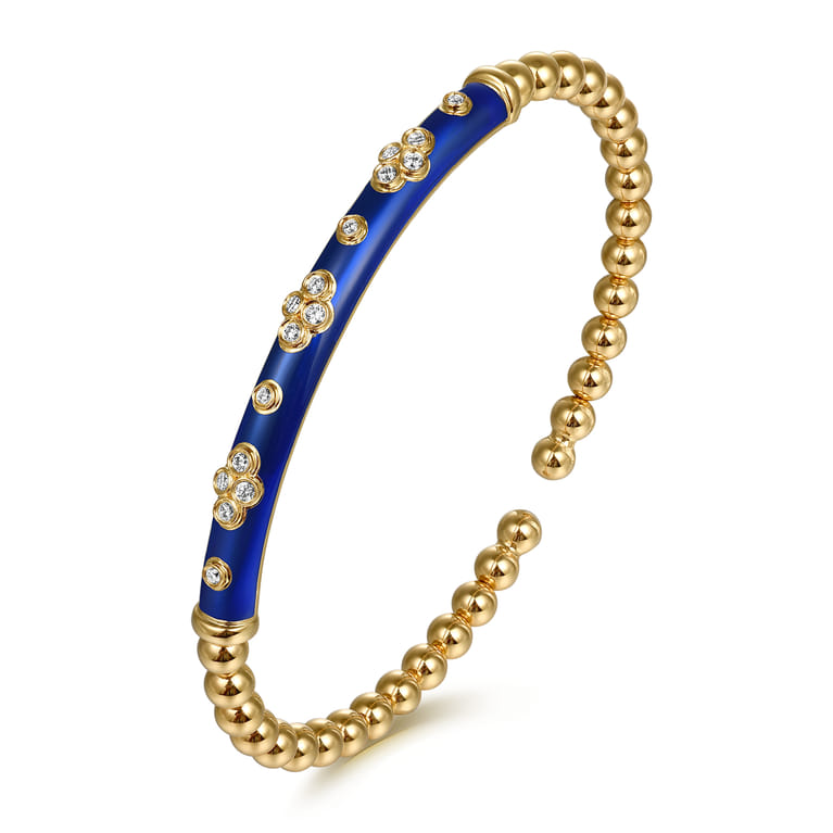 Enamel - 14K Yellow Gold Bujukan Beads and Diamond Split Bangle Bracelet with Chrome Blue Enamel - 0.22 ct - Shot 2