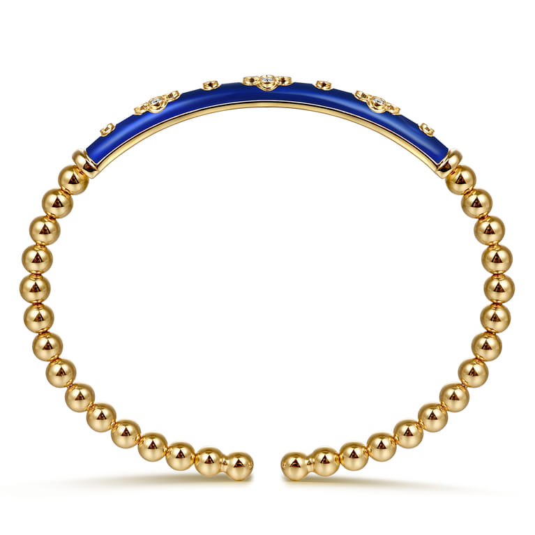 Enamel - 14K Yellow Gold Bujukan Beads and Diamond Split Bangle Bracelet with Chrome Blue Enamel - 0.22 ct - Shot 3