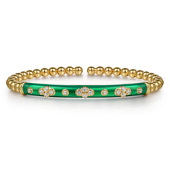 Enamel - 14K Yellow Gold Bujukan Beads and Diamond Split Bangle Bracelet with Chrome Green Enamel