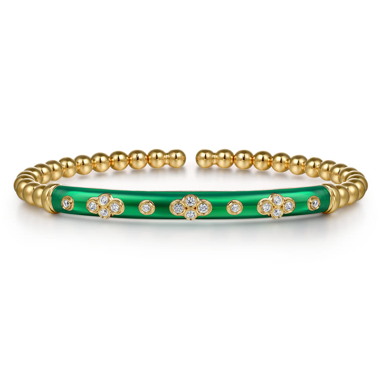 Enamel - 14K Yellow Gold Bujukan Beads and Diamond Split Bangle Bracelet with Chrome Green Enamel - 0.22 ct - Shot 1
