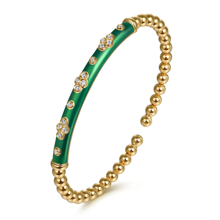 Enamel - 14K Yellow Gold Bujukan Beads and Diamond Split Bangle Bracelet with Chrome Green Enamel - 0.22 ct - Shot 2