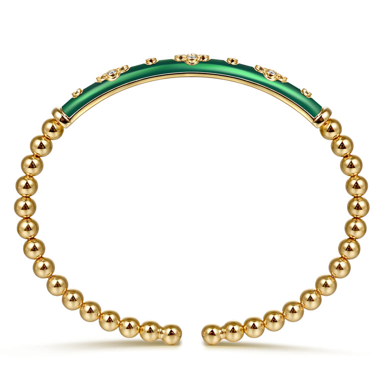 Enamel - 14K Yellow Gold Bujukan Beads and Diamond Split Bangle Bracelet with Chrome Green Enamel - 0.22 ct - Shot 3