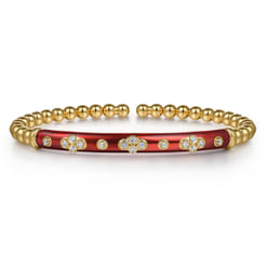 Enamel - 14K Yellow Gold Bujukan Beads and Diamond Split Bangle Bracelet with Chrome Red Enamel