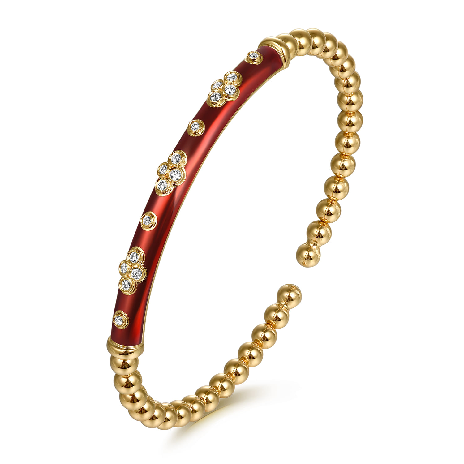 Enamel - 14K Yellow Gold Bujukan Beads and Diamond Split Bangle Bracelet with Chrome Red Enamel - 0.22 ct - Shot 2