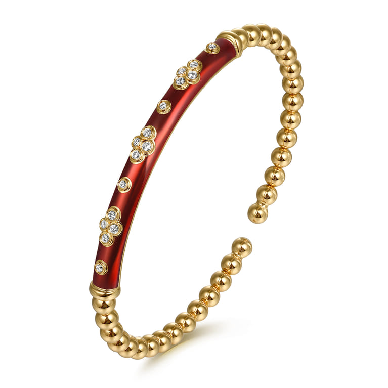 Enamel - 14K Yellow Gold Bujukan Beads and Diamond Split Bangle Bracelet with Chrome Red Enamel - 0.22 ct - Shot 2