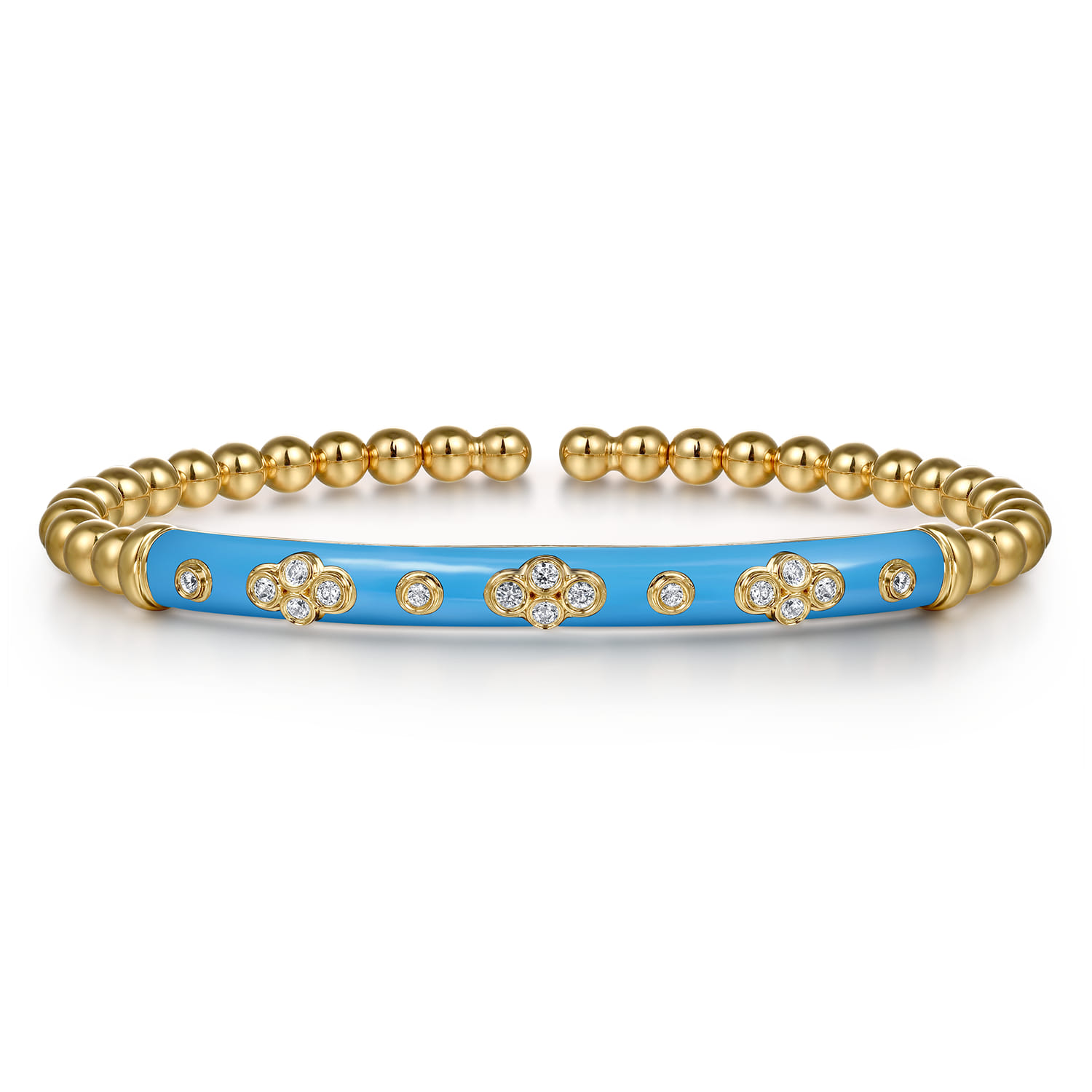 Enamel - 14K Yellow Gold Bujukan Beads and Diamond Split Bangle Bracelet with Dusk Blue Enamel - 0.22 ct - Shot 1