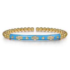 14K Yellow Gold Bujukan Beads and Diamond Split Bangle Bracelet with Dusk Blue Enamel