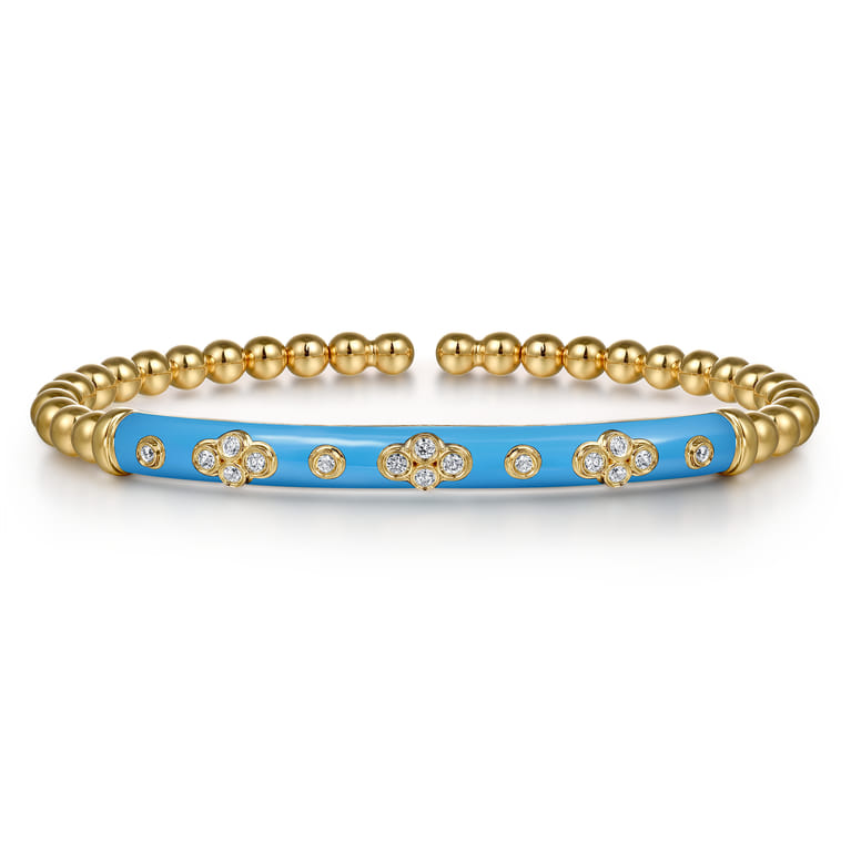 Enamel - 14K Yellow Gold Bujukan Beads and Diamond Split Bangle Bracelet with Dusk Blue Enamel - 0.22 ct - Shot 1
