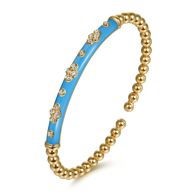 Enamel - 14K Yellow Gold Bujukan Beads and Diamond Split Bangle Bracelet with Dusk Blue Enamel - 0.22 ct - Shot 2