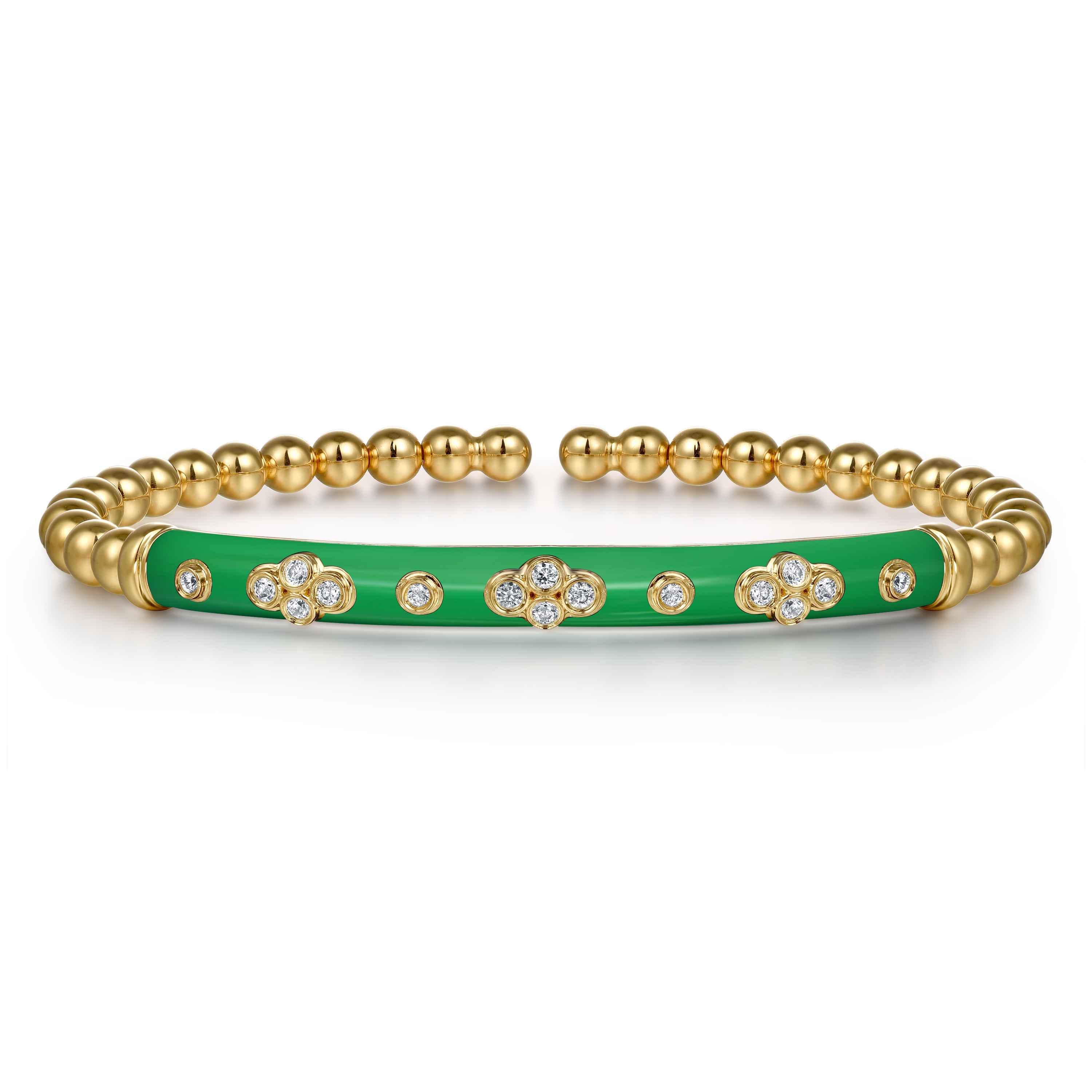 Enamel - 14K Yellow Gold Bujukan Beads and Diamond Split Bangle Bracelet with Emerald Green Enamel - Shot 1