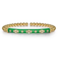 Enamel - 14K Yellow Gold Bujukan Beads and Diamond Split Bangle Bracelet with Emerald Green Enamel