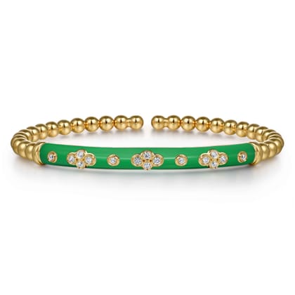 Enamel - 14K Yellow Gold Bujukan Beads and Diamond Split Bangle Bracelet with Emerald Green Enamel