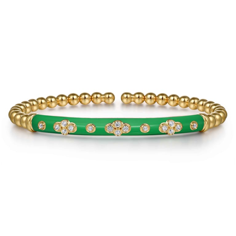 Enamel - 14K Yellow Gold Bujukan Beads and Diamond Split Bangle Bracelet with Emerald Green Enamel - Shot 1