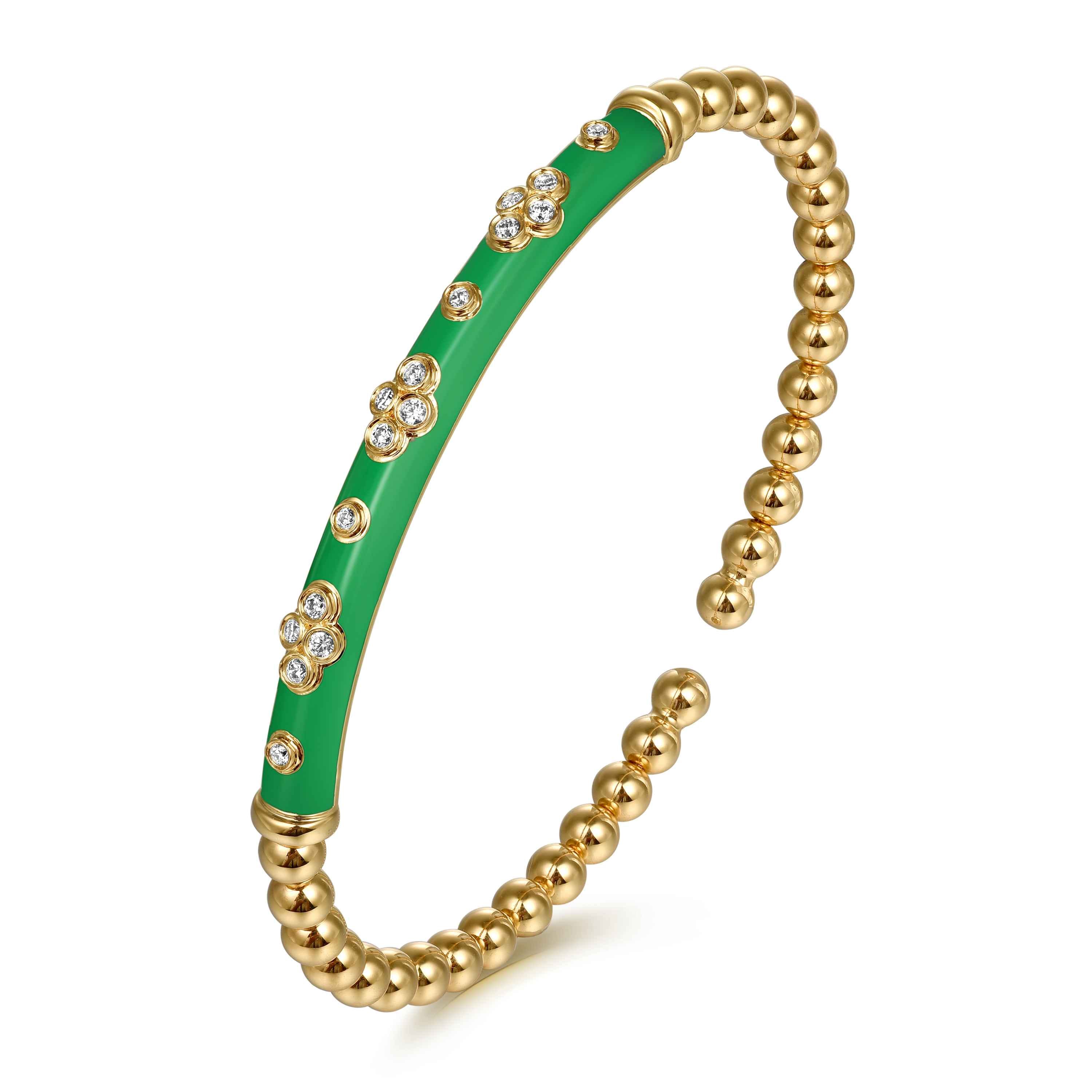 Enamel - 14K Yellow Gold Bujukan Beads and Diamond Split Bangle Bracelet with Emerald Green Enamel - Shot 2