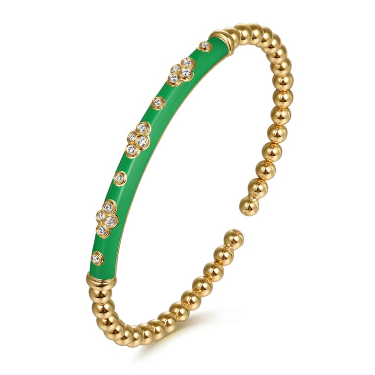 Enamel - 14K Yellow Gold Bujukan Beads and Diamond Split Bangle Bracelet with Emerald Green Enamel - Shot 2