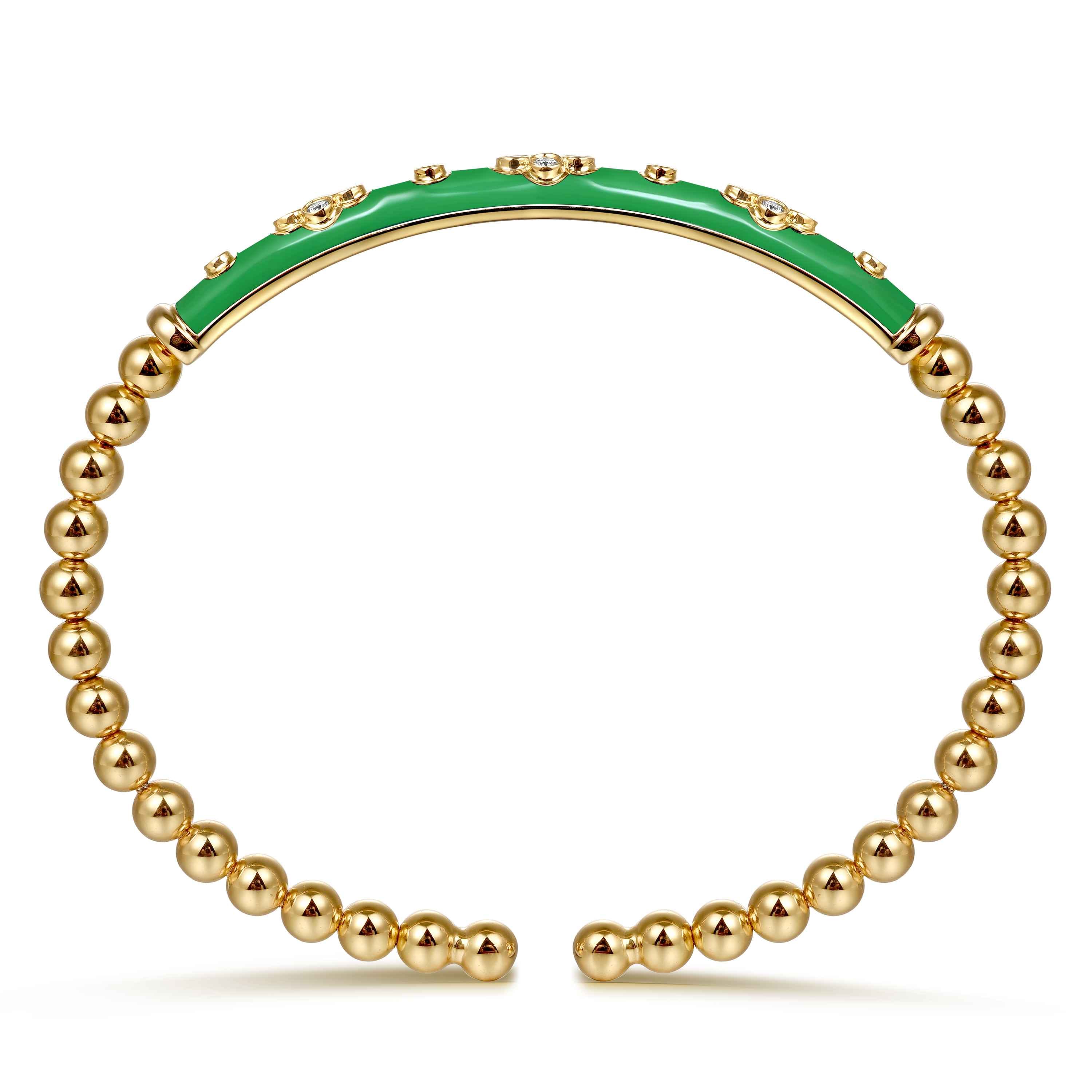 Enamel - 14K Yellow Gold Bujukan Beads and Diamond Split Bangle Bracelet with Emerald Green Enamel - Shot 3