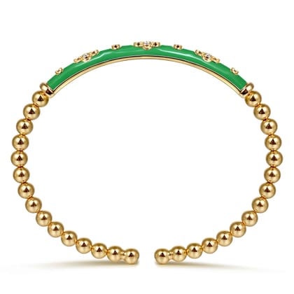 Enamel - 14K Yellow Gold Bujukan Beads and Diamond Split Bangle Bracelet with Emerald Green Enamel