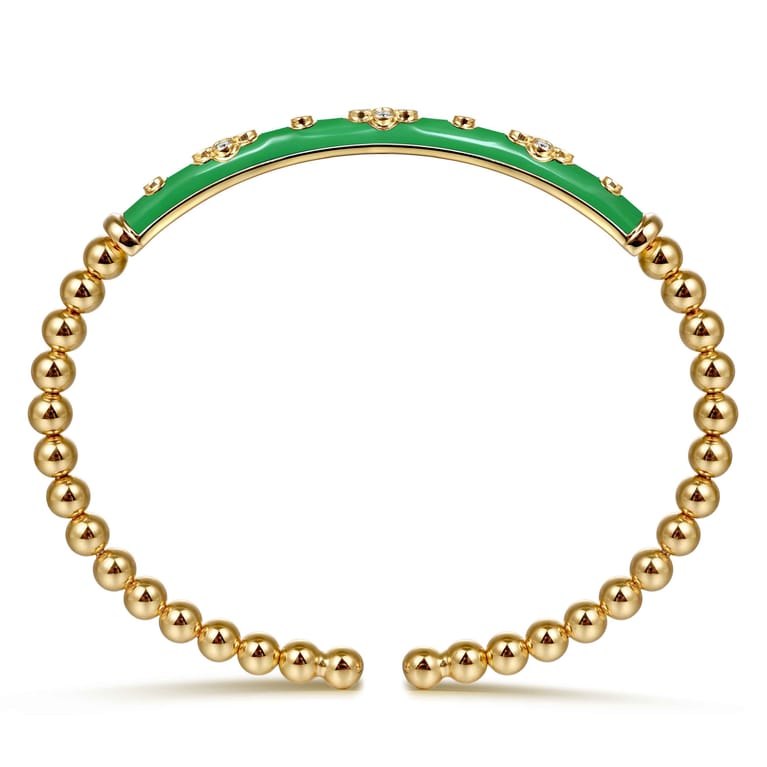 Enamel - 14K Yellow Gold Bujukan Beads and Diamond Split Bangle Bracelet with Emerald Green Enamel - Shot 3