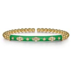 Enamel - 14K Yellow Gold Bujukan Beads and Diamond Split Bangle Bracelet with Emerald Green Enamel