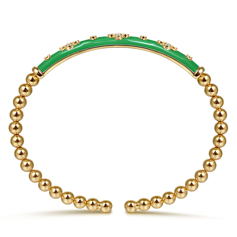 Enamel - 14K Yellow Gold Bujukan Beads and Diamond Split Bangle Bracelet with Emerald Green Enamel - 0.22 ct - Shot 3