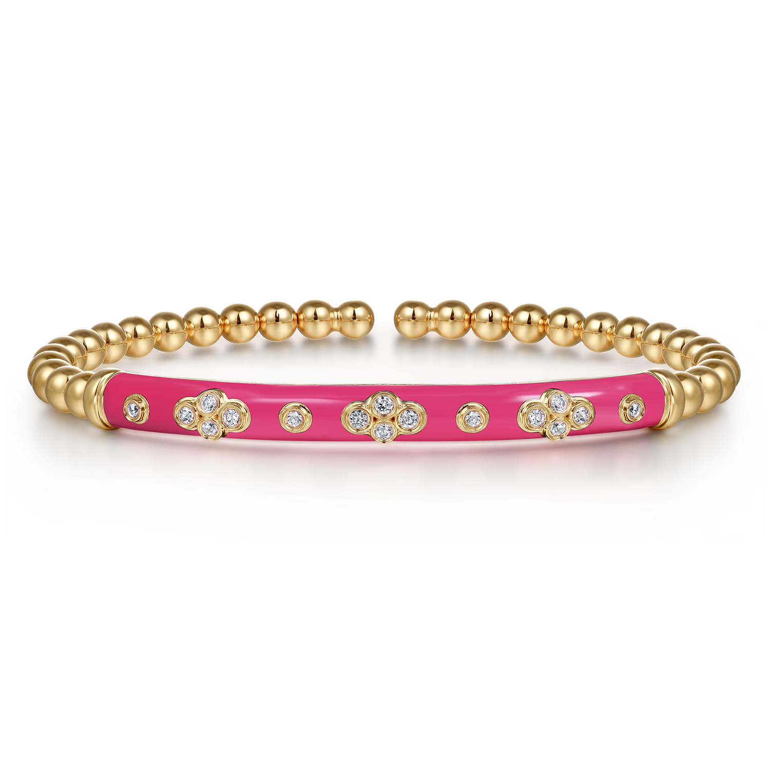 Enamel - 14K Yellow Gold Bujukan Beads and Diamond Split Bangle Bracelet with Fuchsia Enamel - 0.22 ct - Shot 1