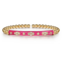 Enamel - 14K Yellow Gold Bujukan Beads and Diamond Split Bangle Bracelet with Fuchsia Enamel