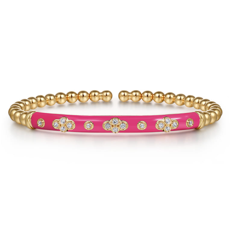 Enamel - 14K Yellow Gold Bujukan Beads and Diamond Split Bangle Bracelet with Fuchsia Enamel - 0.22 ct - Shot 1