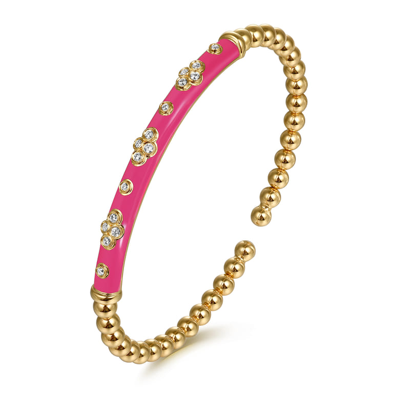 Enamel - 14K Yellow Gold Bujukan Beads and Diamond Split Bangle Bracelet with Fuchsia Enamel - 0.22 ct - Shot 2
