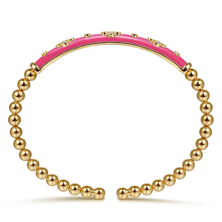 Enamel - 14K Yellow Gold Bujukan Beads and Diamond Split Bangle Bracelet with Fuchsia Enamel - 0.22 ct - Shot 3