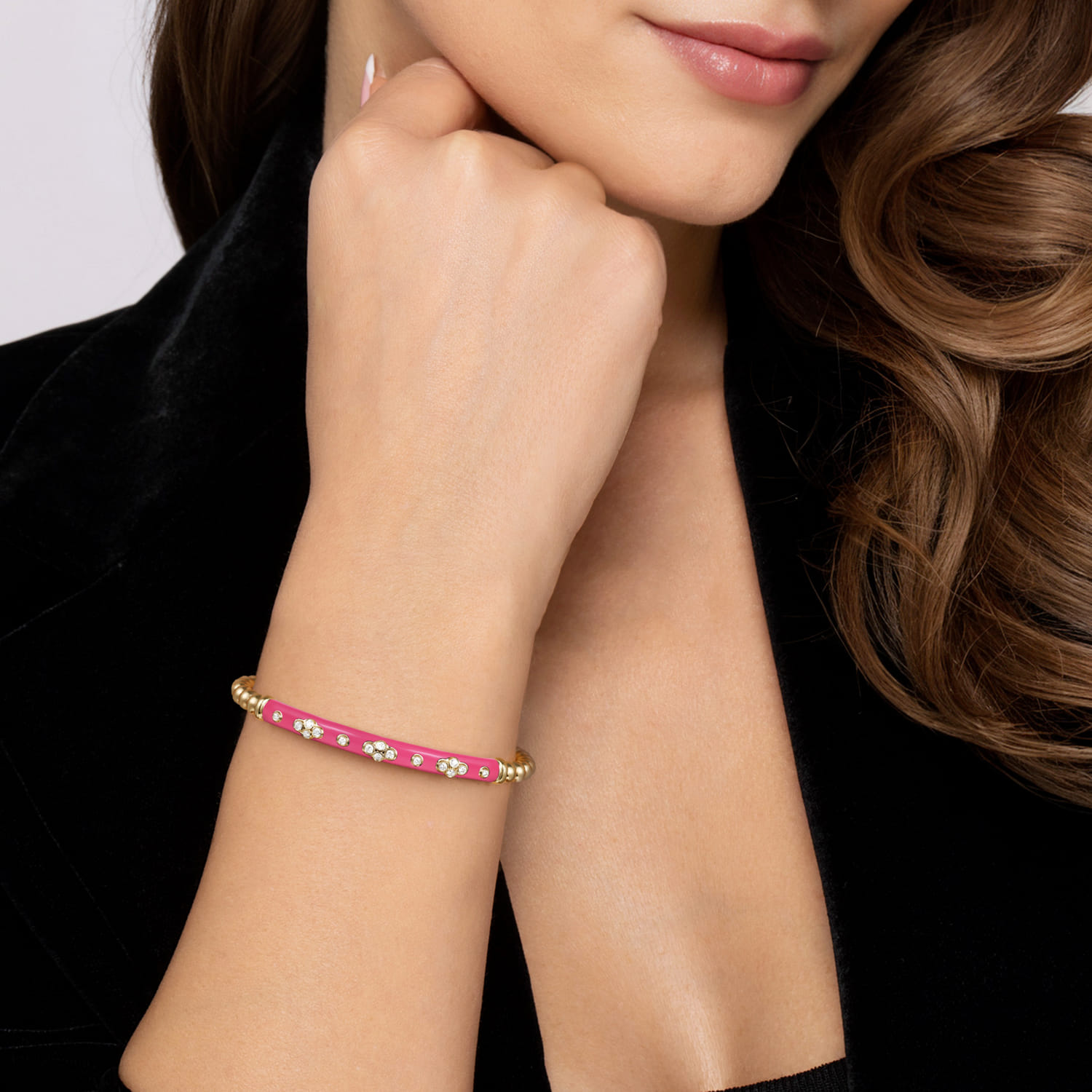 Enamel - 14K Yellow Gold Bujukan Beads and Diamond Split Bangle Bracelet with Fuchsia Enamel - 0.22 ct - Shot 4