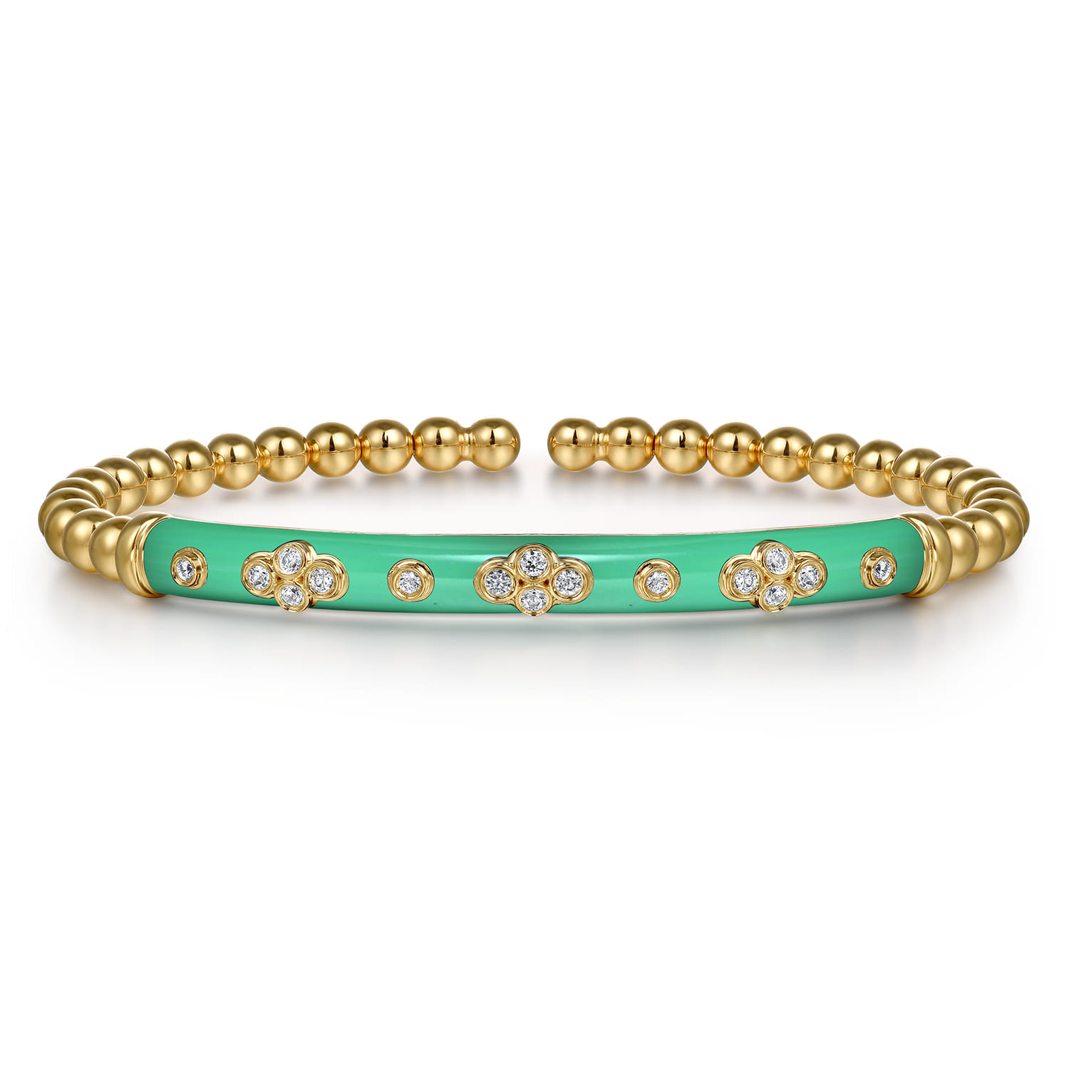 Enamel - 14K Yellow Gold Bujukan Beads and Diamond Split Bangle Bracelet with Mint Green Enamel - 0.22 ct - Shot 1