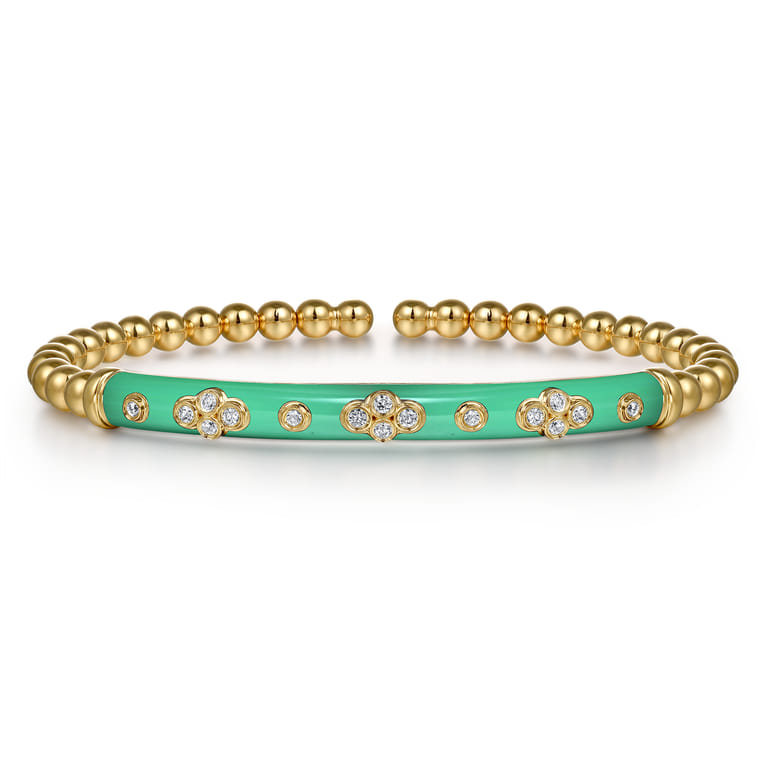 Enamel - 14K Yellow Gold Bujukan Beads and Diamond Split Bangle Bracelet with Mint Green Enamel - 0.22 ct - Shot 1