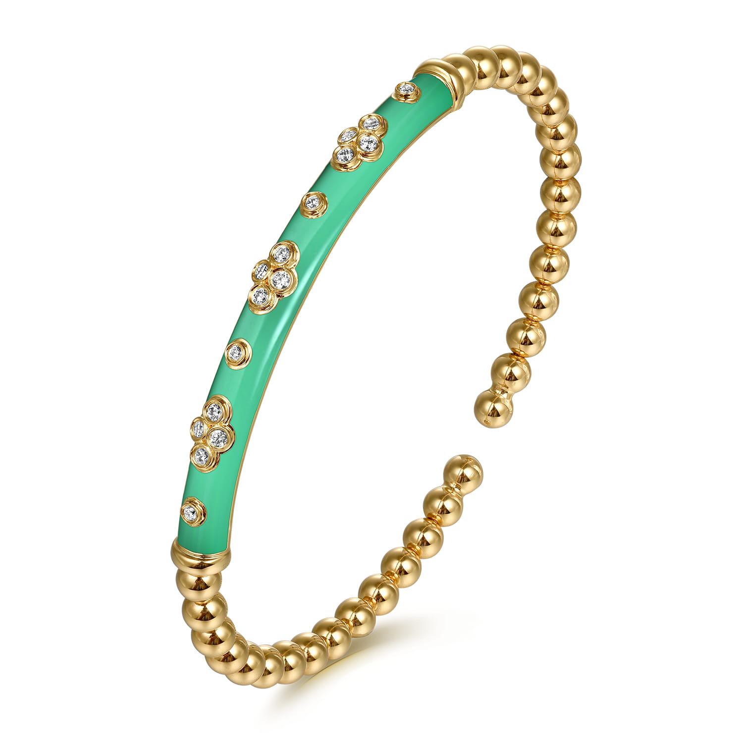 Enamel - 14K Yellow Gold Bujukan Beads and Diamond Split Bangle Bracelet with Mint Green Enamel - 0.22 ct - Shot 2
